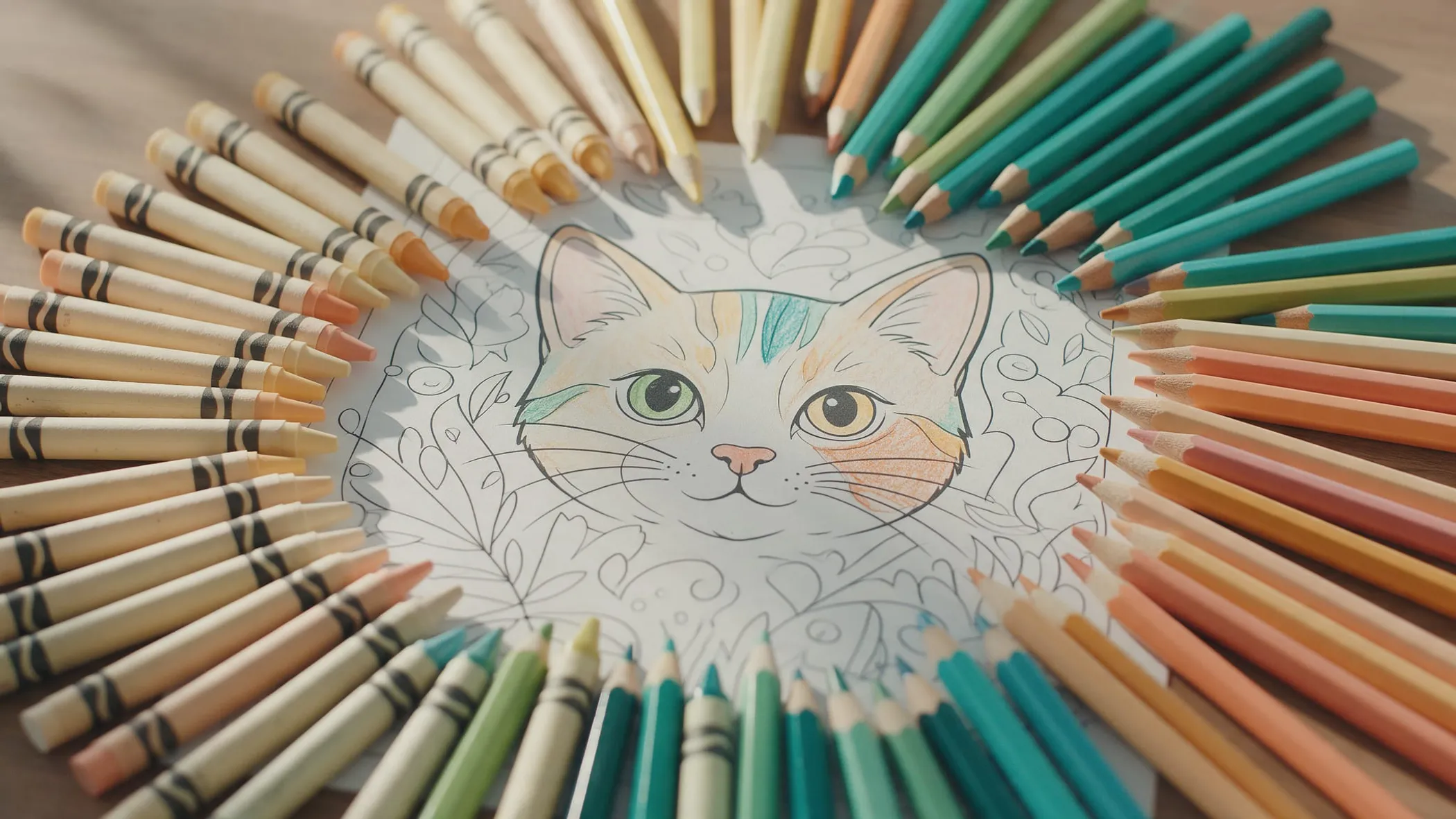 Crayons and colored pencils arranged in a circle around a partly colored cat coloring page
