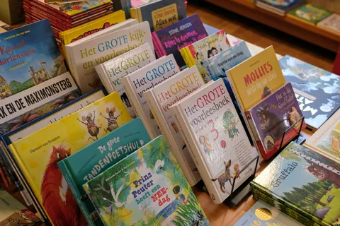 Rows of children's picture books on display