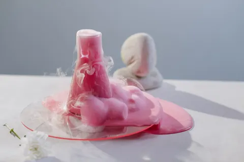 Pink foaming liquid overflowing from a glass flask