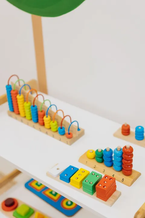 Colorful wooden educational toys on display