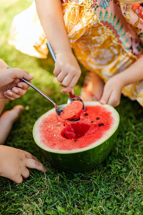 Kids scooping fresh watermelon on a sunny day