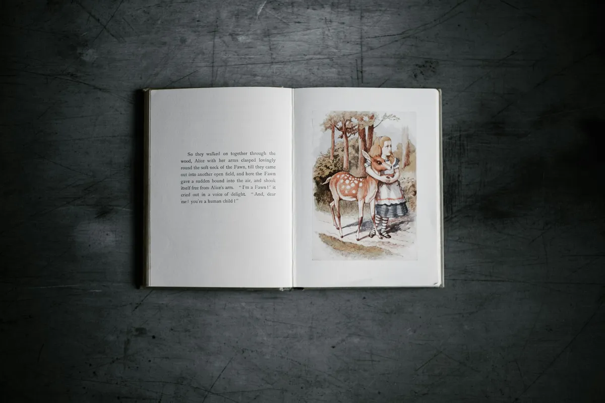 An open storybook lying on a dark surface